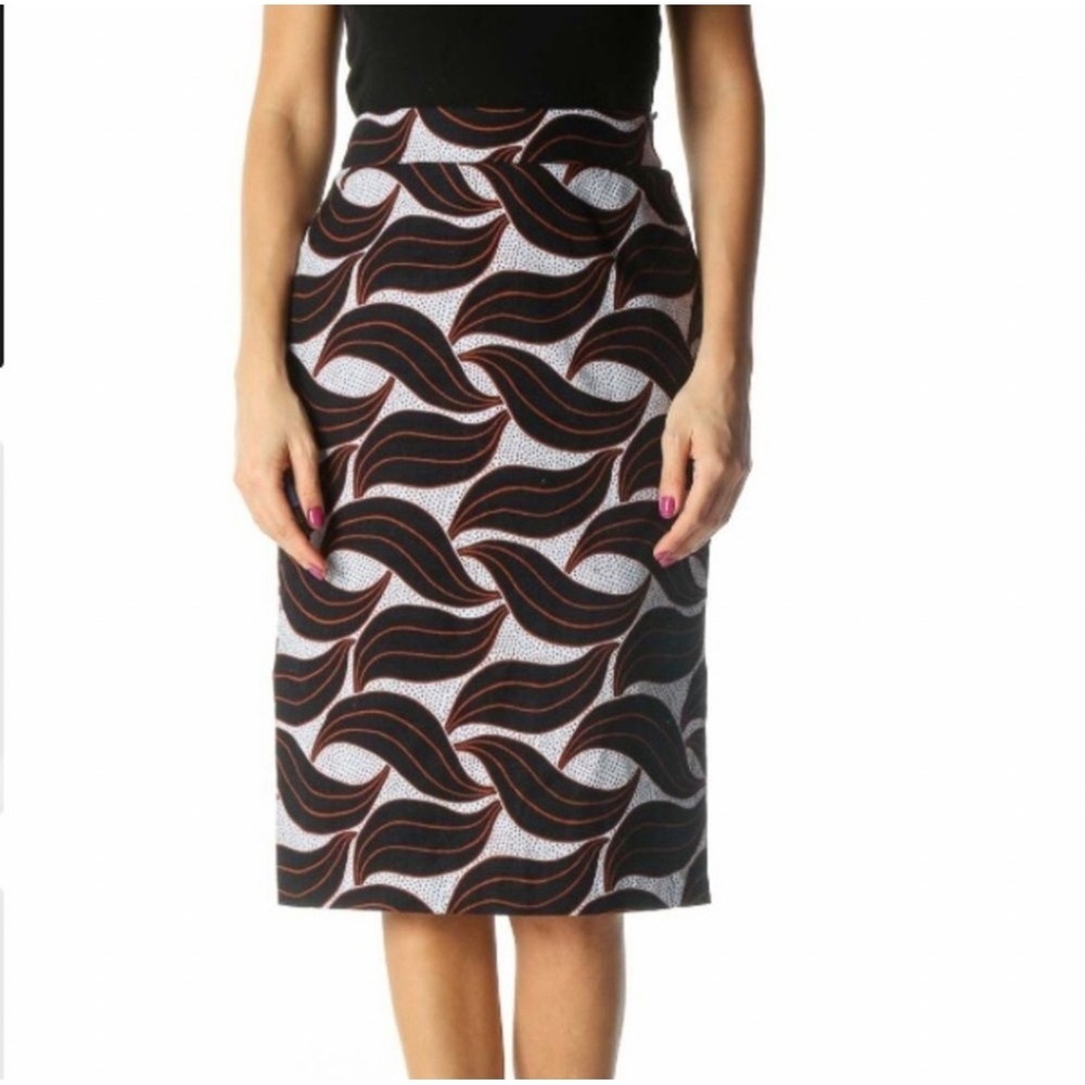 Ann‎ Taylor Black  Abstract Print Pencil Skirt Size 8 Knee Length Cotton Blend
